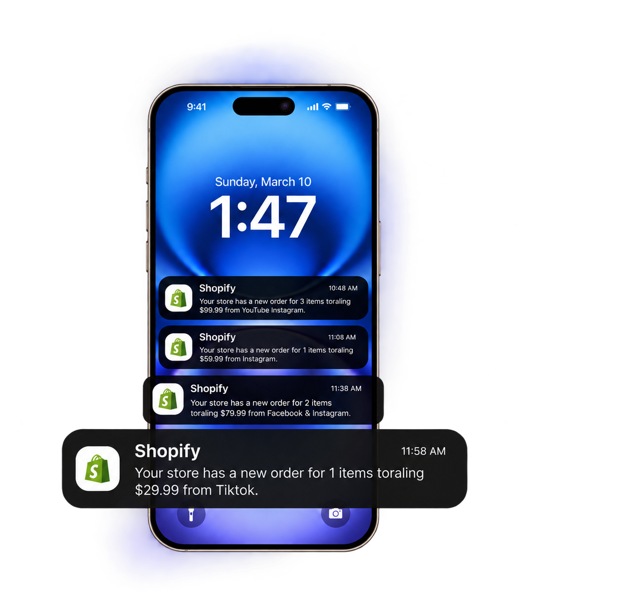 iPhone with floating Shopify notifications showing example orders for Your store